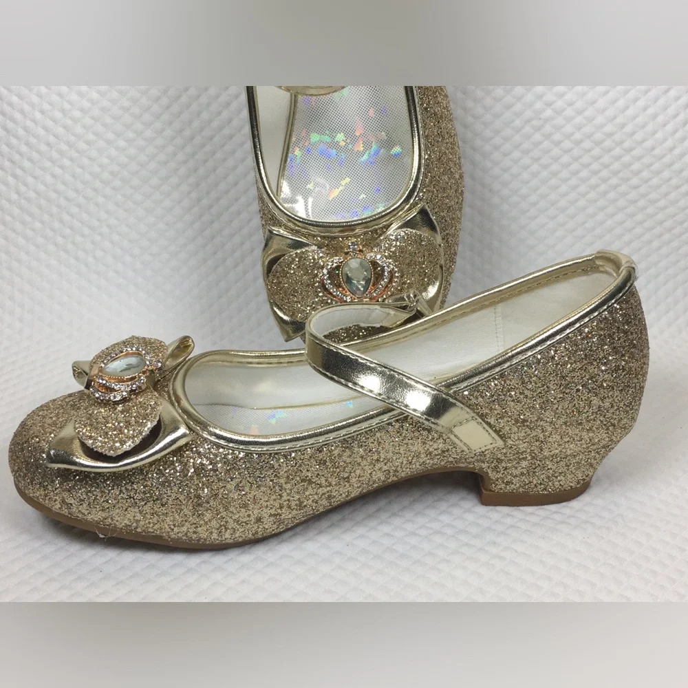 Stelle Girls' Mary Jane Hook & Loop Dress Shoes Gold Glitter Bow Gem Low Heel